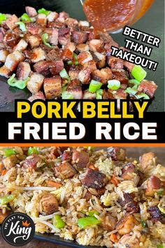 pork and fried rice with bbq sauce on the side is shown in this collage