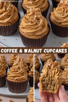 coffee and walnut cupcakes with peanut butter frosting are shown in three different pictures