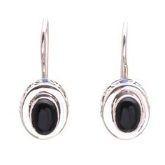 Framed by sterling silver two dark onyx ovals are featured in this pair of drop earrings from Bali. Made Sugi designs the earrings accentuated with curling patterns. Black Oval Pierced Earrings, Black Onyx Oval Earrings, Curl Pattern, Onyx Earrings, Earring Crafts, Women Artisans, Silver Pieces, Silver Earrings Dangle, Jewelry Packaging