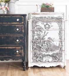 an old chest of drawers next to a vase with flowers