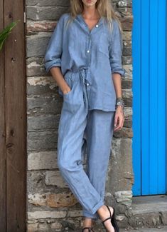 Lasaky - Luxurious High-Waisted Wide-Leg Pyjama Set Linen Two Piece Set, Loose Trousers, Linen Suit, Light Blue Color, Pyjama Set, Linen Top, Shirt And Pants, Belleza Natural, Two Piece Outfit