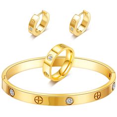 PRICES MAY VARY. Elegant Design: This 3-piece set includes a stunning 18K gold-plated love bracelet, ring, and hoop earrings adorned with sparkling cubic zirconia stones. Versatile Gifting: Perfect for Valentine's Day, Christmas, birthdays, weddings, or any special occasion, making it an ideal gift for her, girlfriends, or loved ones. Durable Construction: Crafted from high-quality stainless steel and plated with 18K gold, ensuring long-lasting wear and a luxurious finish. Comfortable Fit: The b Gold Cubic Zirconia Jewelry Set For Valentine's Day, Cubic Zirconia Bangle For Valentine's Day, Cuff Design, Open Hoop Earrings, Friendship Love, Love Bracelet, Bracelet Ring, Valentines Day Birthday, Jewelry Images