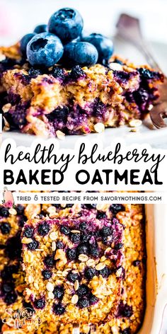 blueberry baked oatmeal in a casserole dish with text overlay