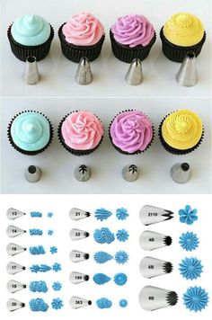 cupcakes with icing and decorations are shown in three different pictures, one is blue