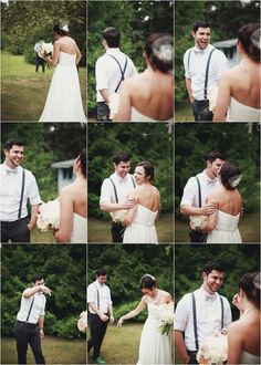 the bride and groom are posing for pictures together