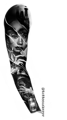 a black and white photo of a woman's arm with tattoos on it