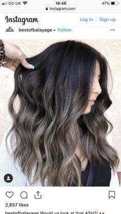 Dark And Ash Balayage, Brassy Balayage Color Correction, Black And Ash Balayage, Popular Hair Colors For 2023 Dark, Black Ash Balayage, Brunette Ash Balayage Hair, Ashy Ombre Hair, Mushroom Brown Balayage On Black Hair, Ash Brown Balayage Dark