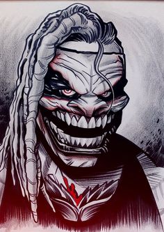 a drawing of a creepy clown with dreadlocks on his head and red eyes