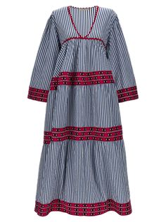 'Ydra' striped cotton maxi dress, V-neck with contrast profiles, wide and long sleeves, trimming application with embroidery. Composition: 100% cotton Striped V-neck Maxi Dress For Daywear, Spring Cotton Dresses With Contrast Stripes, Cotton Spring Dresses With Striped Sleeves, Spring Cotton Dresses With Striped Sleeves, Cotton Dresses With Striped Sleeves For Spring, Cotton Dress With Striped Sleeves For Spring, Striped Long Sleeve Maxi Dress For Daywear, Striped Long Sleeve Maxi Dress For Vacation, Spring Long Sleeve Dress With Striped Hem