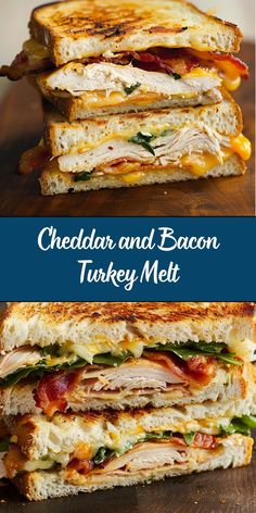 two halves of a chicken and bacon turkey melt sandwich stacked on top of each other