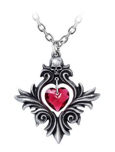 Alchemy Gothic, Gothic Pendant, Goth Necklace, Skull Pendant Necklace, Swarovski Crystal Hearts, Carved Heart, Crystal Heart Pendant, Pewter Pendant, Love Pendant