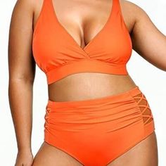 Show Off Your Curves In This Plus Size Two-Piece Bathing Suit That Features A High-Waisted Bottom And A Supportive Top, Perfect For Any Beach Day. The Color Is Neon Orange (Its A Pretty Bright Orange) Features: Swimwear Type: Two-Piece Plus Size Bikini Set Style: Slimming, Cute, Sexy Bathing Suits Fabric: 85% Polyester, 15% Spandex Top Type: Push Up Closure: Elastic Closure Neckline: V Neck Swimwear Strap Type: Wide Straps Back Style: Crisscross Chest Pad: Padded Color: Neon Orange Decoration: M Neon Orange Swimsuit, Two Piece Bathing Suits, Trendy Bikinis, Swimsuits High Waisted, Plus Size Swimsuits, High Waist Bottoms, Suit Fabric, Plus Size Swimwear, Younique