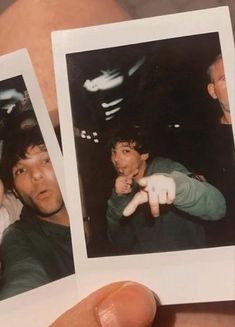 two polaroid photos of people pointing at the camera