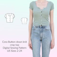 an image of a woman wearing jeans and a button - down knit top with the text, digital sewing pattern us sizes 2 - 24