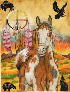 a painting of two horses with native american dream catchers in the background