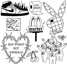 various logos and stickers that are drawn in black ink on white paper with the words,