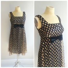 "Vintage 1960s gold polka dot mini dress, babydoll style.Black netted outter layer with gold polka dots. Velvet bow detail under the bust. Metal Zipper up the back.  Label:  Condition: Excellent vintage Best fits Small Bust: 34\"-36\" Waist:  31\" (empire waist) Hips: 37\" Length: 37\" Mannequin measurements for reference... Bust: 35\" Waist: 27\" Hips: 38\" If you have any questions or need more photos or measurements please let me know!" Retro Gown, Mini Babydoll Dress, Pop Stitch, Babydoll Style, Gold Polka Dots, Fringe Skirt, Velvet Bow, Fall Skirts, Dress Maxi