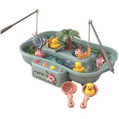 an inflatable toy pool with toys on the bottom and two handles to hold it