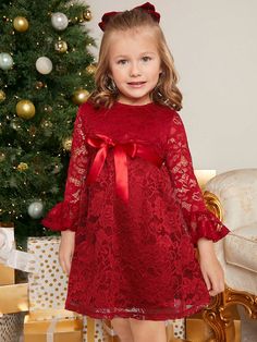 Young Girl Vintage & Cute & Fashion & Elagant Lace Ruffle Hem Long Sleves Dress,Casual Simple Elegant,Wedding Season,Ladylike Gentleman ,Autumn And Winter,For Christmas,Party Wear,Daily Wear,Birthday Dress,Princess Dress,Mom And Daughter And Sisters Matching,With Bow Belt Burgundy Elegant  Long Sleeve Woven Fabric Plain A Line Slight Stretch  Young Girls Clothing, size features are:Bust: ,Length: ,Sleeve Length: Long Sleeve Dress Outfit, Toddler Girl Christmas Dresses, Christmas Party Wear, Toddler Christmas Dress, Christmas Dress Baby, Simple Elegant Wedding, Party Kleidung, Girls Christmas Dresses, Long Sleeve Sequin