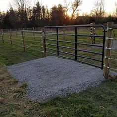 a fenced in area with grass and gravel