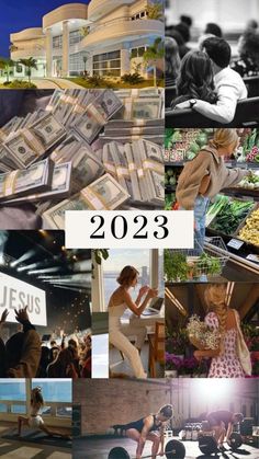 the collage shows images of people and money