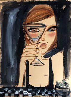 a painting of a woman holding her face in front of the camera and looking into the distance