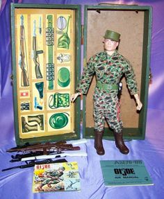 the toy soldier is posed next to his contents