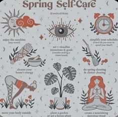 an image of a poster with the words spring self care written in different languages and symbols