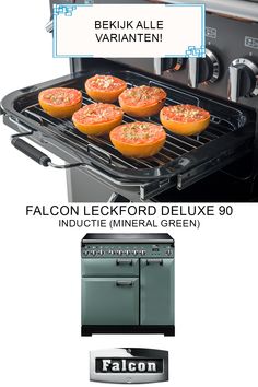 four different types of ovens are shown with the words falcon electric deluxe and falcon mineral green