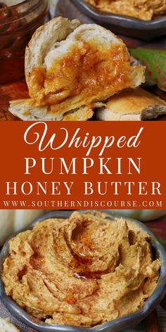 whipped pumpkin honey butter in a bowl with the words, whipped pumpkin honey butter on top