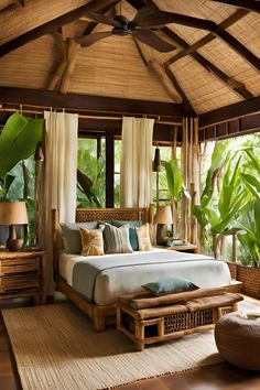 a bed sitting inside of a bedroom on top of a wooden floor