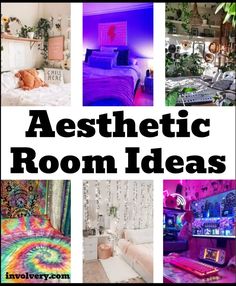 the words aesthetic room ideas are overlaided with images of colorful bedspreads