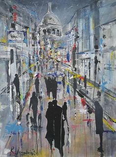 a painting of people walking down a city street