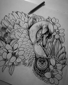 a pencil drawing of flowers and an elephant's head with a heart on it