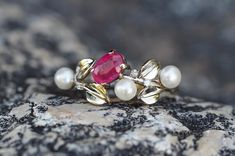 Flower Gold Ring, Pearl Gold Ring, Ruby And Pearl, Red Ruby Ring, Ring Flower, Etsy Gold Ring