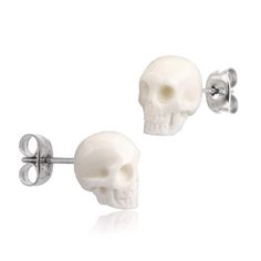 PRICES MAY VARY. The hand carved bone skull is .45 inches tall with a standard small piercing hole size of 20 ga (0.8 mm). The metal component is made from 316L surgical steel. These skull earrings are for everyday punk rock, emo, goth, or hardcore inspired looks. They are also great for Halloween costumes such as skeleton, zombie, or evil witch. These unique post earrings make a great gift for men, women, or teen boys and girls Skulls are made from animal bone. Sustainable bone material is sour Skeleton Jewelry, Gothic Skeleton, White Goth, Girl Skull, Goth Earrings, Bone Earrings, Carved Bone, Animal Bones, Great Gifts For Men