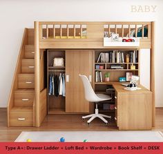 a child's loft bed with stairs and desk in the corner, next to a book shelf