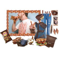 a collage of photos including a man eating food and other items in front of him