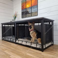 a german shepard dog sitting in his kennel