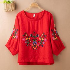 Name Embroidery, Embroidery Floral, Blouse For Women, Spring Outfits Women, Linen Blouse, Women Shirts Blouse, Red Blouses, Floral Blouse, Clothing Women