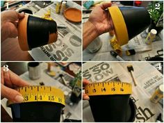 four pictures showing different stages of making a cone with tape and measuring tape on it