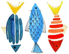 three different types of fish painted in watercolor