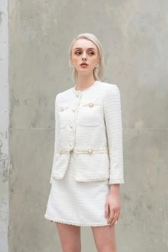 Lyn Tweed Skirt MEAN BLVD Elegant White Tweed Skirt, Elegant Beige Tweed Skirt, Elegant Tweed Skirt For Spring, Fitted White Tweed Skirt, Fitted Tweed White Skirt, White Tweed Skirt For Work, Chic Spring Tweed Skirt Suit, Elegant White Tweed Jacket, Sweater Skirt Outfit