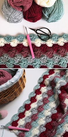 crocheted afghans with yarn and scissors on the table next to them are shown