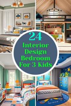 four different pictures with the words 24 interior design bedroom for 3 kids