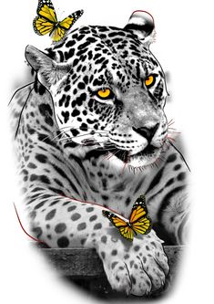 a drawing of a leopard with two butterflies on its head