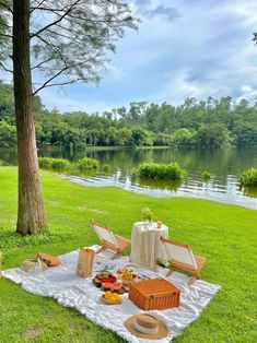 an outdoor picnic is set up on the grass next to a lake with trees in the background