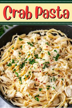 a plate of pasta with chicken and parmesan cheese on top, in a skillet