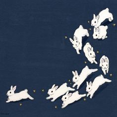 an image of rabbits flying in the air with stars on their backs and tails pointing upward