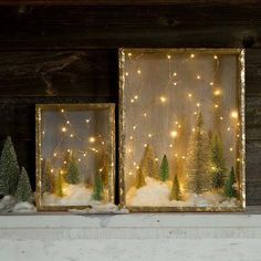 two framed pictures with lights on them are sitting on a mantle in front of snow covered trees